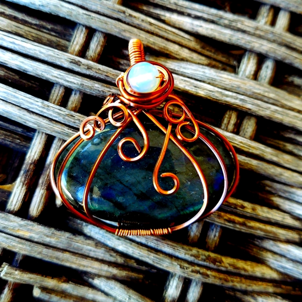 Labradorite Opalite Pumpkin Wire Wrap Pendant - image 1